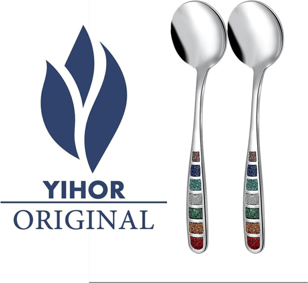 Premium 7.24" European Soup Spoons  Stainless Steel creative colorful enamel spoon drinking spoon  Dishwasher Safe Disinfection cabinet Set of 6