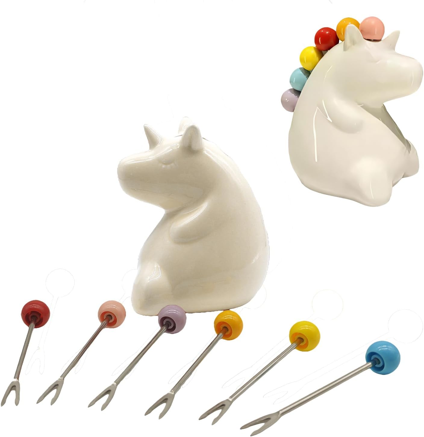 6 Stainless Fruit Fork with Holder Stainless Steel and Porcelain Pink Unicorn Holder Cute Cartoon Exterior Suitable for Fruit&Desserts&Salads 10 Centimeters/3.9 inches (White)