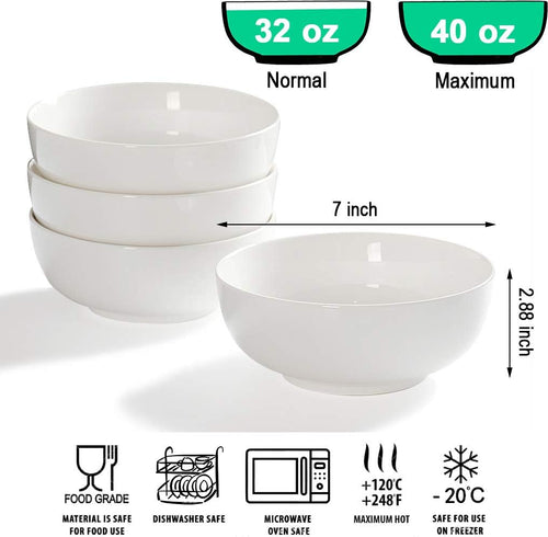 32 Ounce Large Cereal Bowls  Salad Bowls  Pasta Bowls  Soup Bowls  Pho Bowls  Chunni Durable Porcelain White Bowls Set of 4