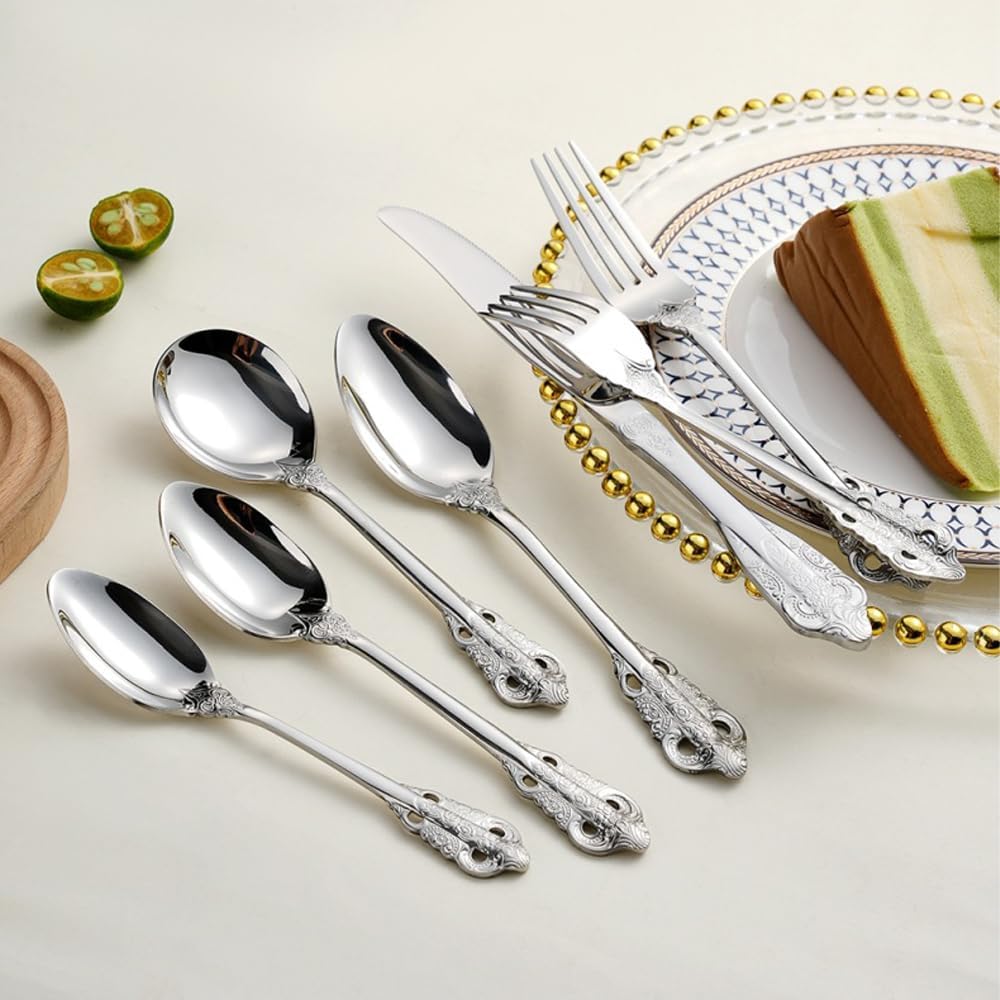 Gorgeous Large Round Soup Spoons 18/10 Stainless Steel Fine Embossed Texture Soup Spoons Set Table Spoon Silverware Bouillon Spoons Silver (4 pack)
