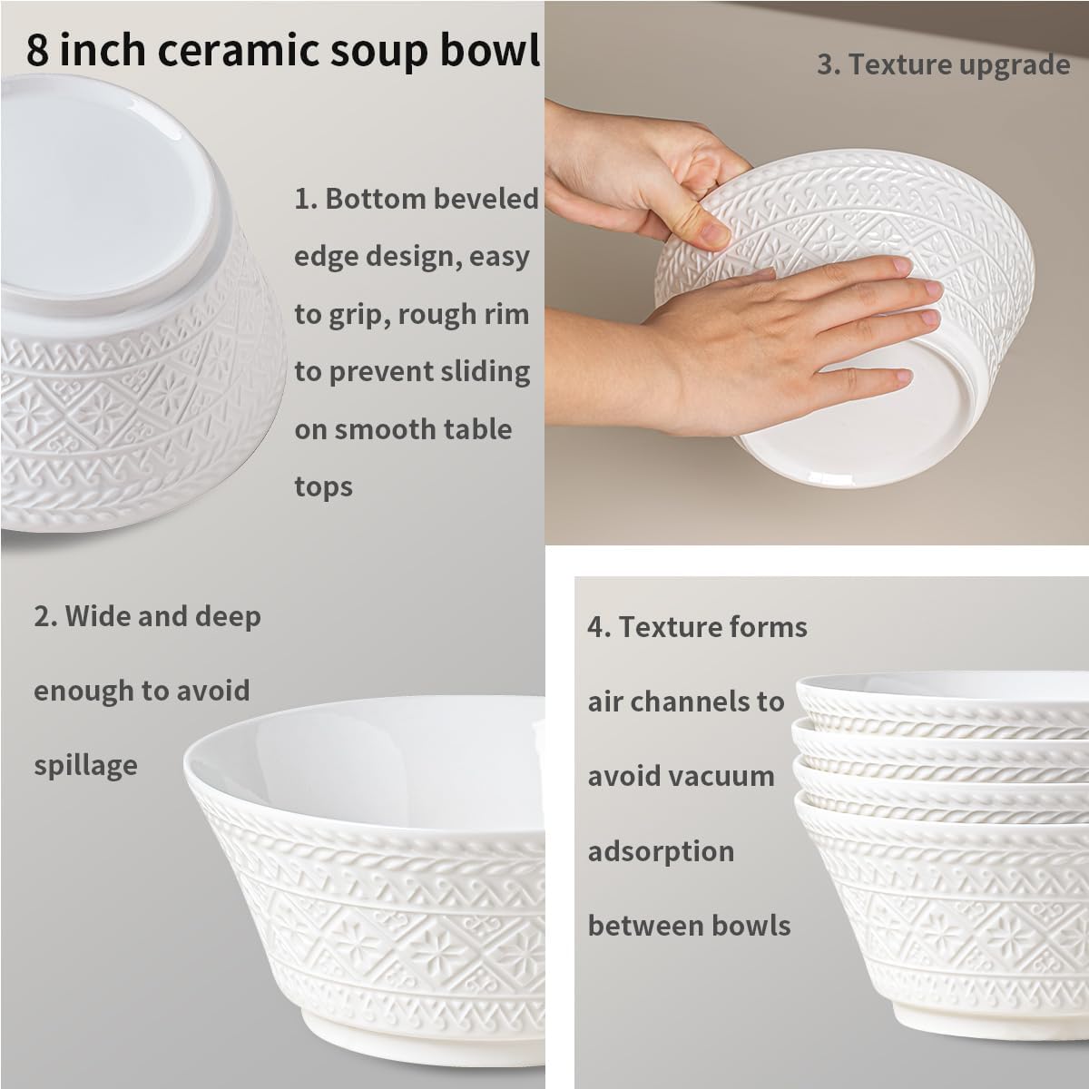 Yeacccng Deep Soup Bowls Set of 4  58oz Large Cereal Bowls  Large Soup Bowl for Kitchen  8.2 Inch Embossment Decorative Bowls  Dishwasher & Microwave Safe  Scratch-Resistant  Lead-Free  Easy Clean