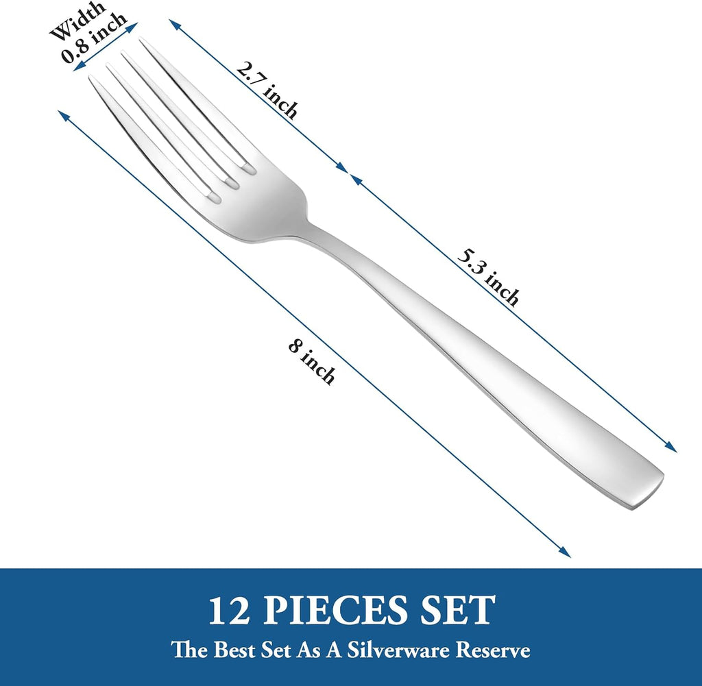 12 Piece Dessert Forks Set  Food-Grade Stainless Steel Silverware Forks  Salad Forks  Metal Forks for Home  Kitchen or Restaurant  Mirror Polished  Dishwasher Safe - 8 Inch