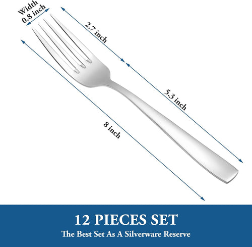 12 Piece Dessert Forks Set  Food-Grade Stainless Steel Silverware Forks  Salad Forks  Metal Forks for Home  Kitchen or Restaurant  Mirror Polished  Dishwasher Safe - 8 Inch