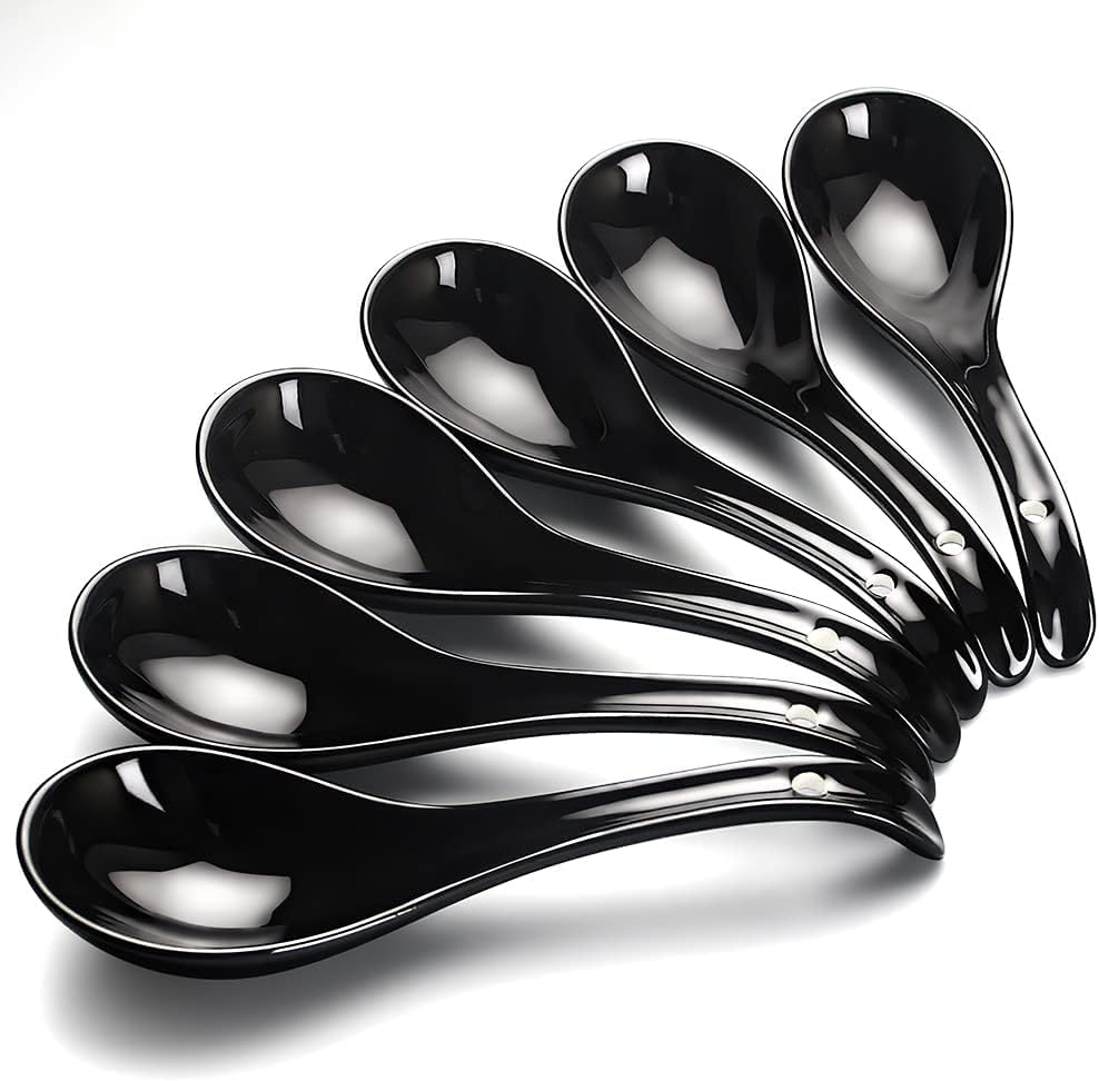 Asian Soup Spoons - YFWOOD 6.75 Inch Ceramic Ramen Spoon Black Chinese Soup Spoons With Deep Oval Hook Design Perfect for Pho Wonton Dumpling And Miso Soups Set Of 6