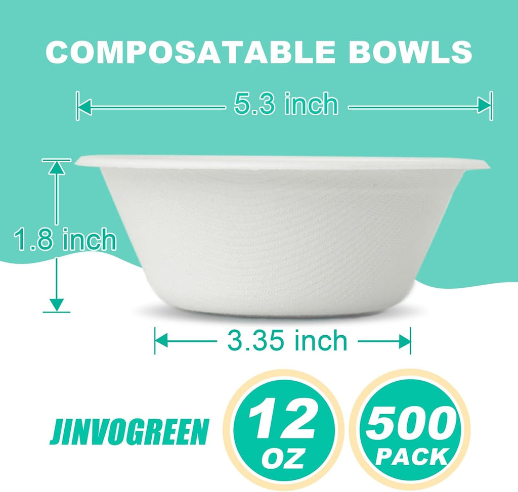 500 Count 12 oz Paper Bowls  Disposable Compostable Bowls Bulk  Heavy Duty Biodegradable Bagasse Bowl for Snacks  Soup  and Salads  White