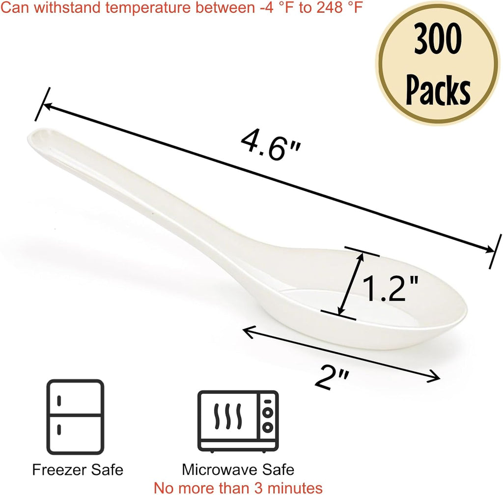 300 Pack Disposable Asian Soup Spoon  Small Plastic Spoons Bulk  4.6" × 1.2" Heavy Duty Spoons for Hot Soup  Plastic Utensils Cutlery for Home Restaurant Party Supply  Freezer Microwave Safe