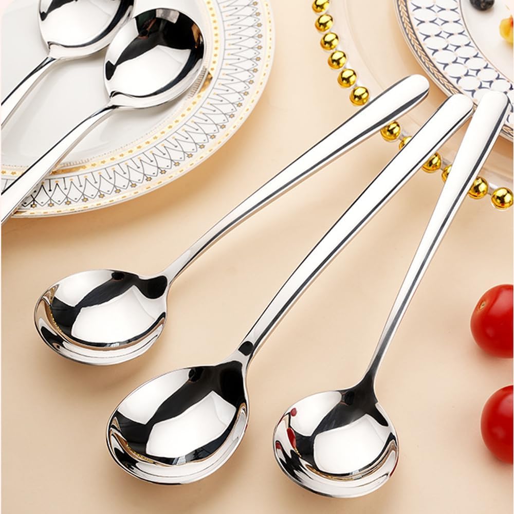 Large Round Soup Spoons Set Set of 4 Premium 18/10 Stainless Steel Spoons with Long Handles 7.8 Inch Elegance Tablespoon Dishwasher Safe Fine Mirror Polished (Silver)