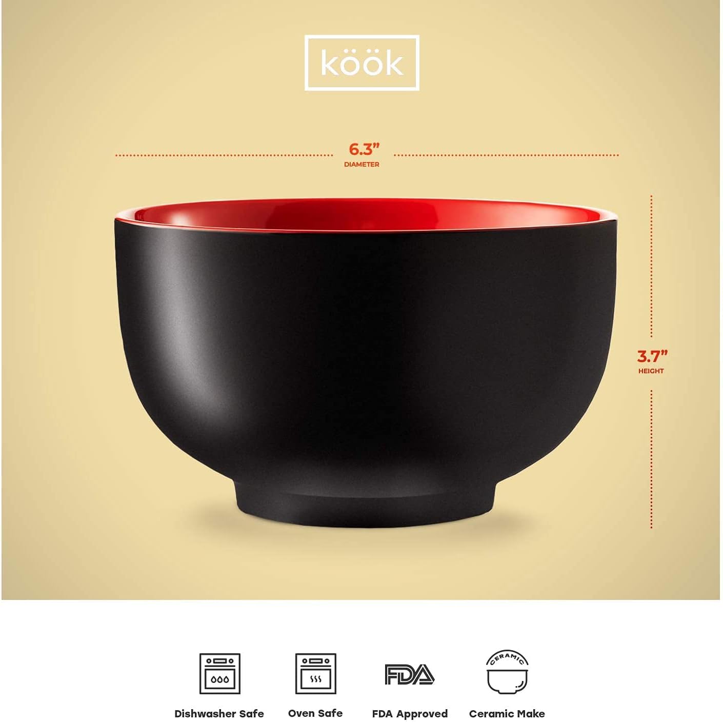 KooK Ramen Bowl  Japanese Bowls  Noodle Bowls  Large Soup Bowl  Ceramic  Large Capacity  For Ramen  Pho  Udon  Soba  Microwave and Dishwasher Safe  34 oz  Set of 4 (Black/Red)