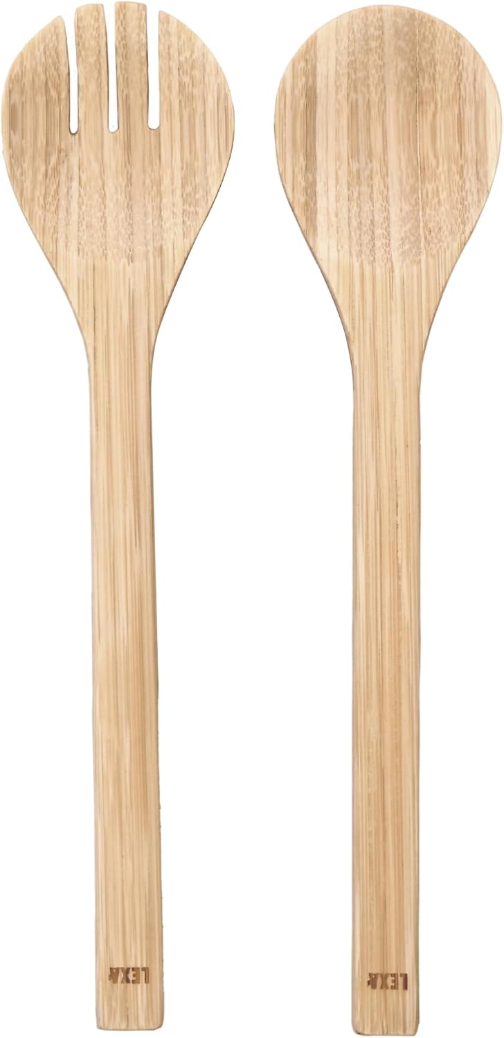 LEXA Bamboo Salad Utensil Set  12 Inch – Handmade Eco-Friendly Serving Spoon & Fork  Natural Bamboo  Durable & Unique  Perfect for Salads  Fruits & Entertaining