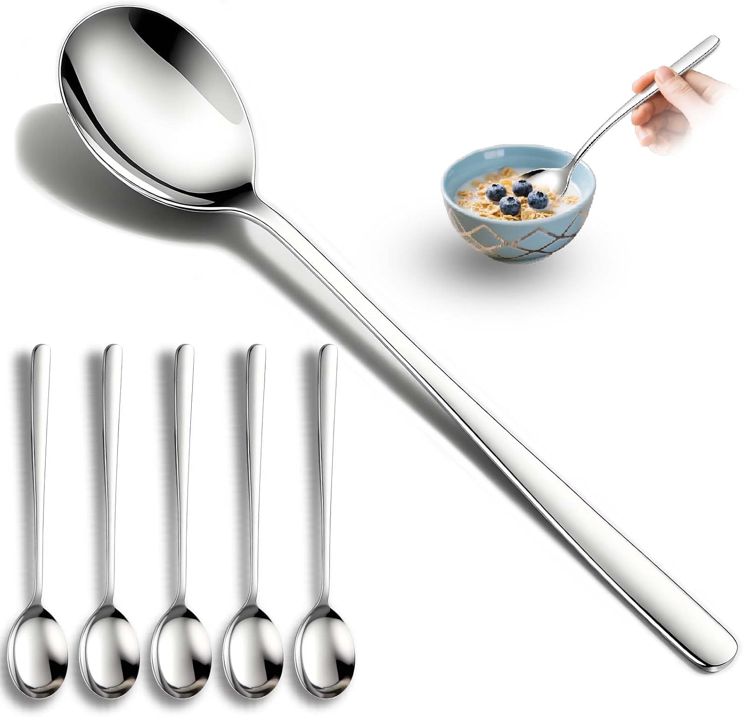Set of 5 Premium Korean Soup Spoons  8 Inch 18/10 Stainless Steel Long Handle Rice and Asian Spoon for Home  Kitchen  Restaurant  Cafe  Dishwasher Safe