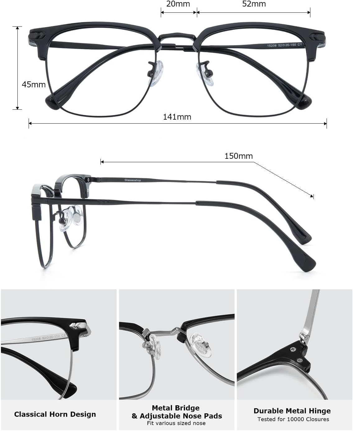 Blue Blocker Glasses for Men Metal Browline Computer Gaming Glasses With Blue Ray Filter (Gunmetal/Black TR90 Eyeglasses)