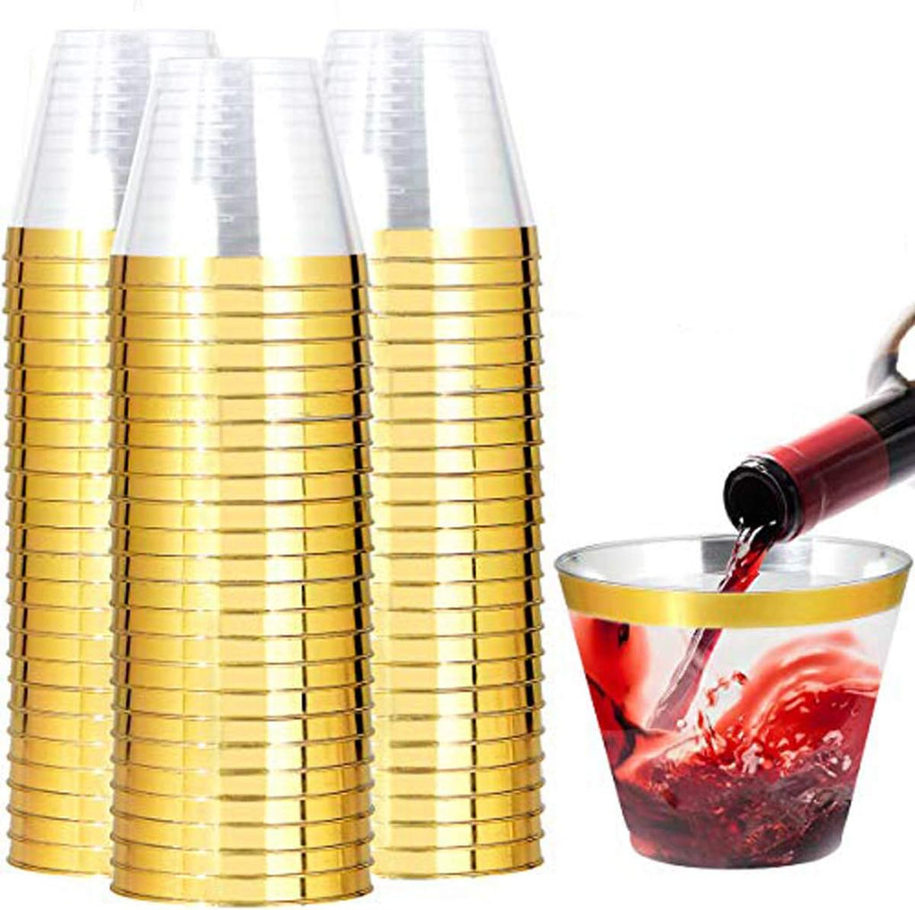 I00000 200 Pack Gold Plastic Cups  9 Oz Elegant Clear Plastic Cups Gold Rimmed Disposable Wine Glasses Fancy Disposable Party Cup Wedding Cup Drinking Tumblers Cocktail Glasses Perfect for Party