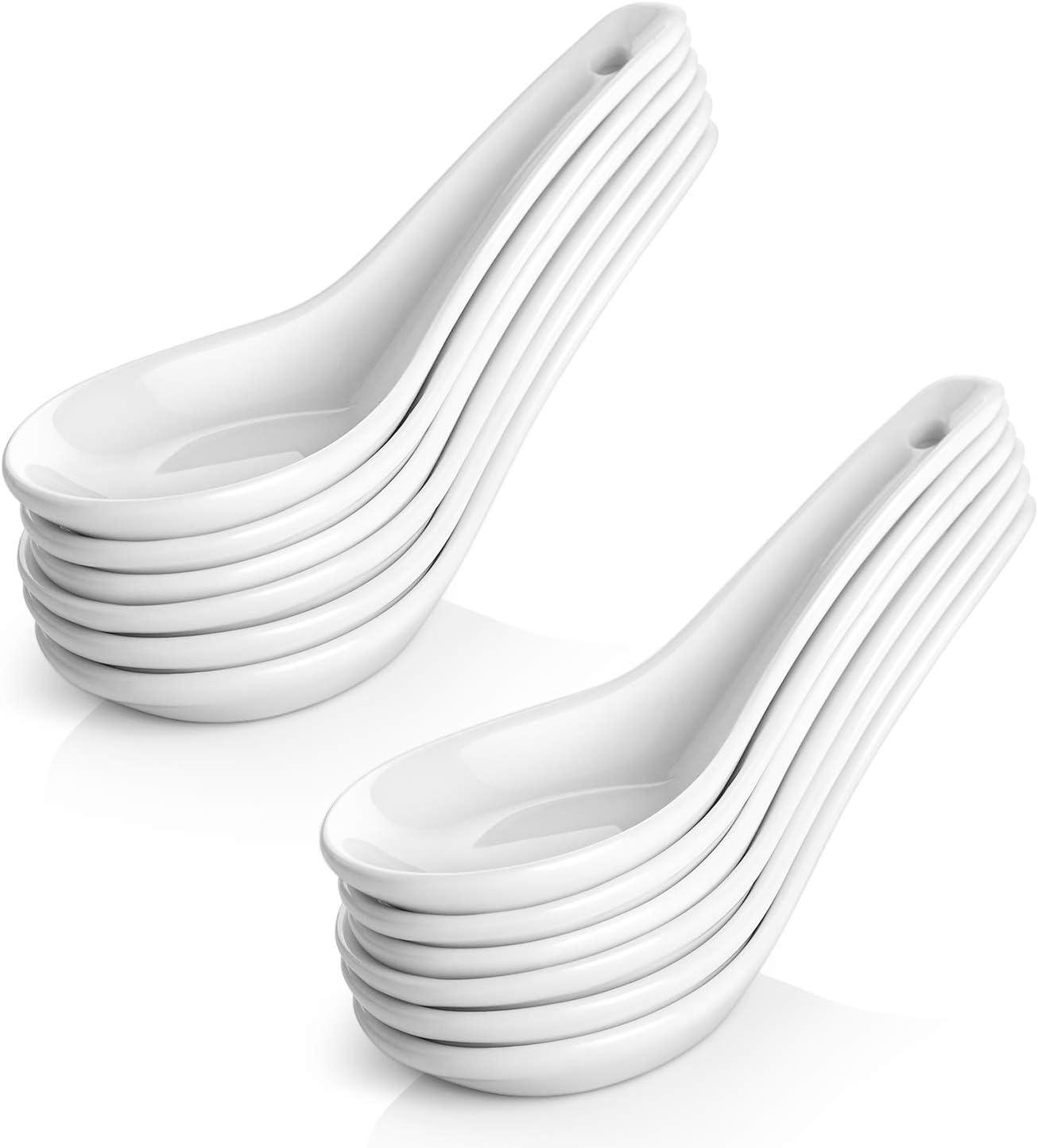 DOWAN Soup Spoons  Ceramic Asian Soup Spoons  White Japanese Spoon Large for Ramen Pho Wonton Dumpling Miso  Deep Oval Hook Design  Set of 12 (12  Soft White)