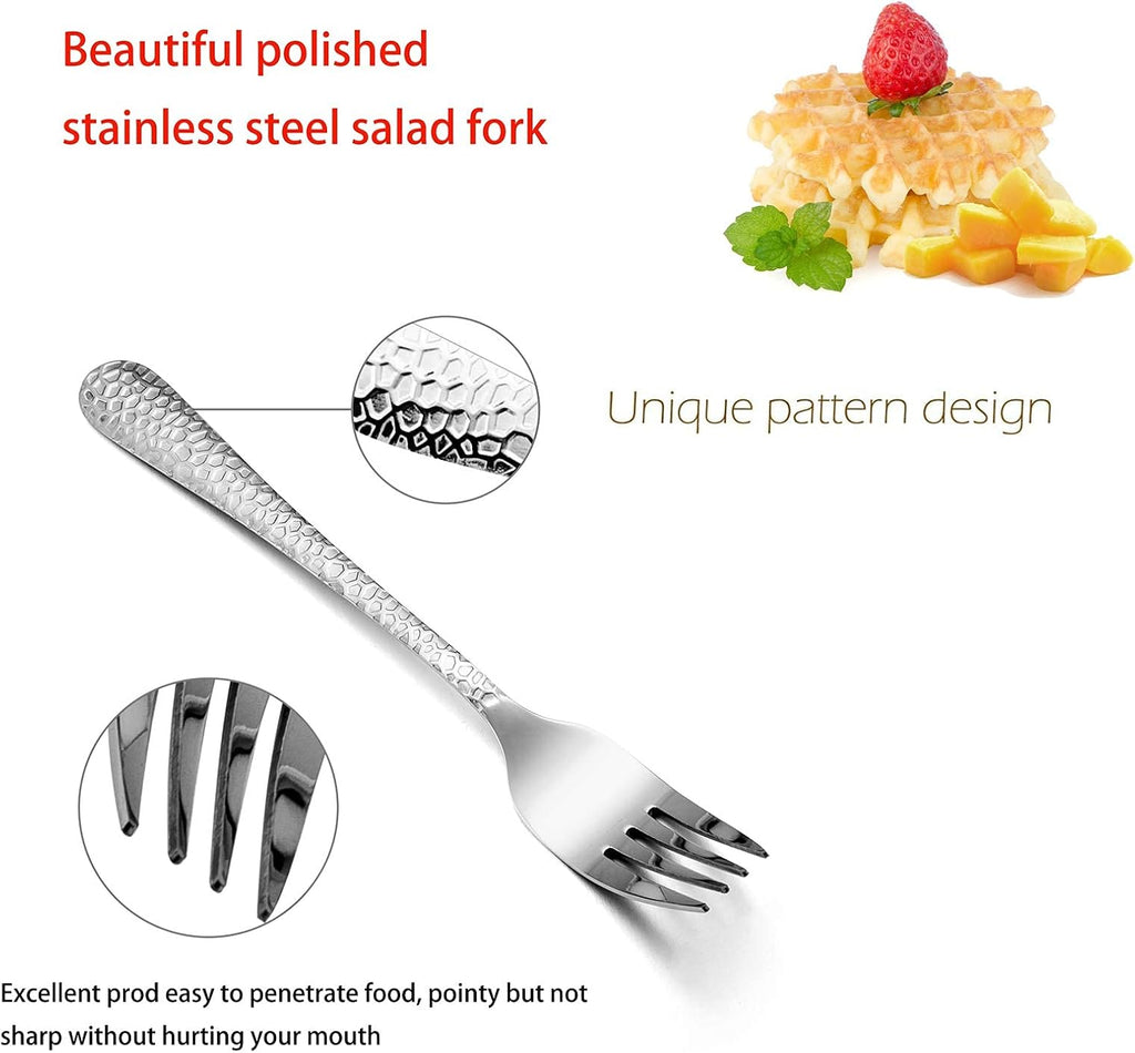 Hammered Salad Forks Set of 6  E-far Stainless Steel Appetizer Dessert Forks  Silverware Flatware Small Forks  Mirror Finish  Dishwasher Safe - 6.7 Inches
