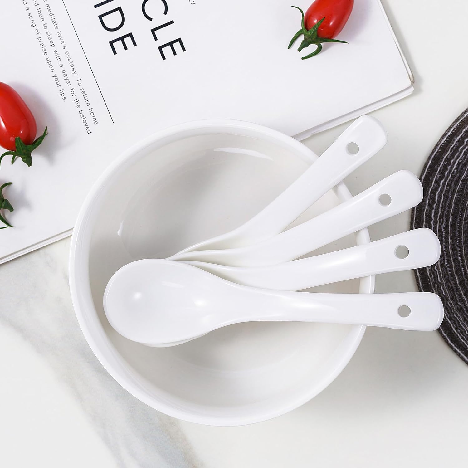 6.5inch Ceramic Soup Spoons Set of 4 - Long Handle  Easy to Hold  Perfect for Ramen  Pho  Dumplings  Miso & Wonton  Dishwasher Safe  Ideal for Asian Soups"