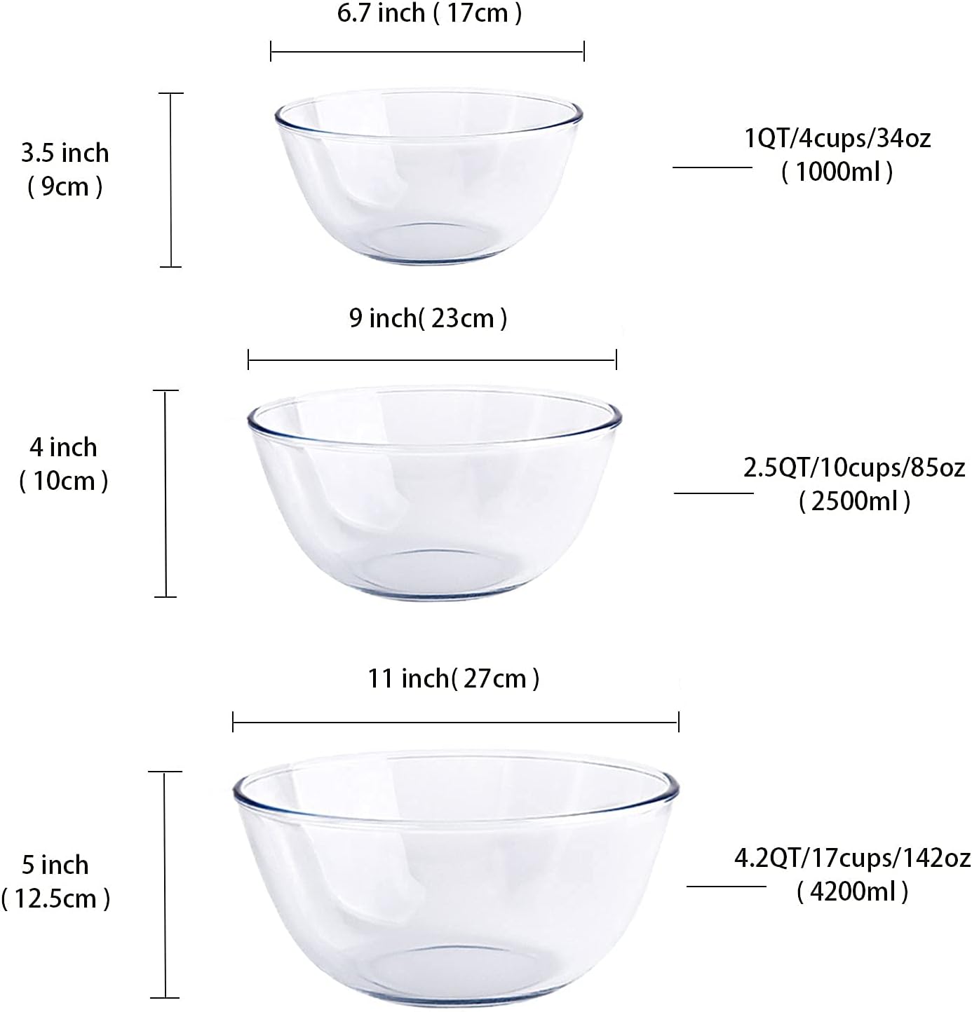 Glass Mixing Bowl Set for Baking 3-Piece Salad Bowl Set (1qt  2.5qt  4.2qt)  High Brosilicate Large Bowls for Kitchen Prepping Serving and Storage  Microwave Dishwasher Oven Safe