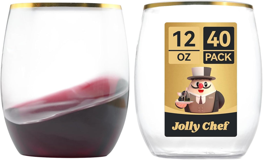 JOLLY CHEF 12 oz 40 Pack Gold Plastic Wine Glasses Stemless  Shatterproof  Unbreakable  Crystal  Disposable Plastic Wine Cups for Party  Halloween  Christmas  Thanksgiving