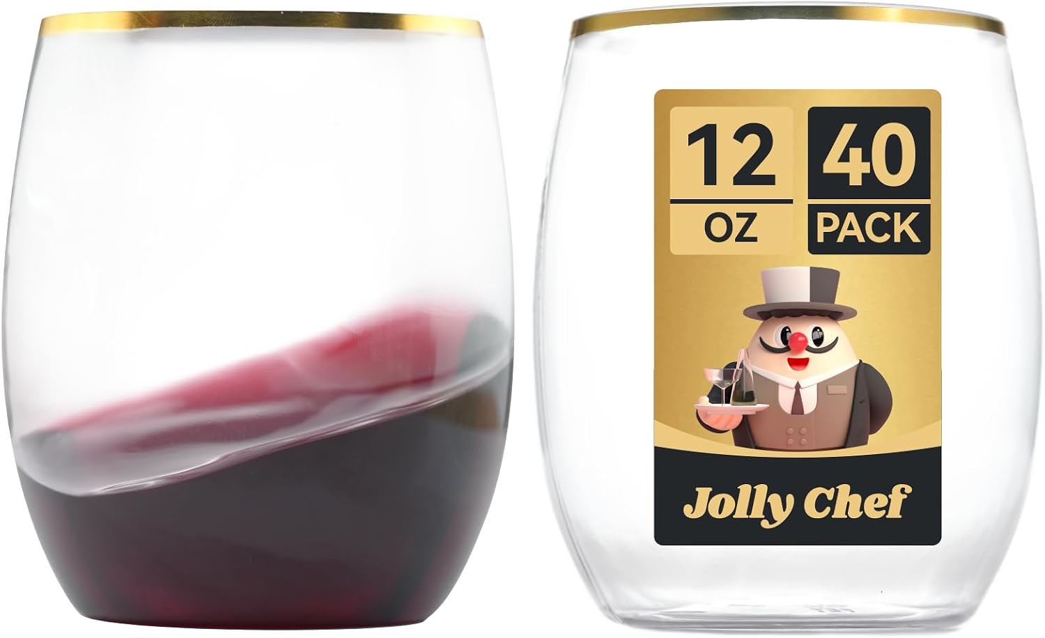 JOLLY CHEF 12 oz 40 Pack Gold Plastic Wine Glasses Stemless  Shatterproof  Unbreakable  Crystal  Disposable Plastic Wine Cups for Party  Halloween  Christmas  Thanksgiving