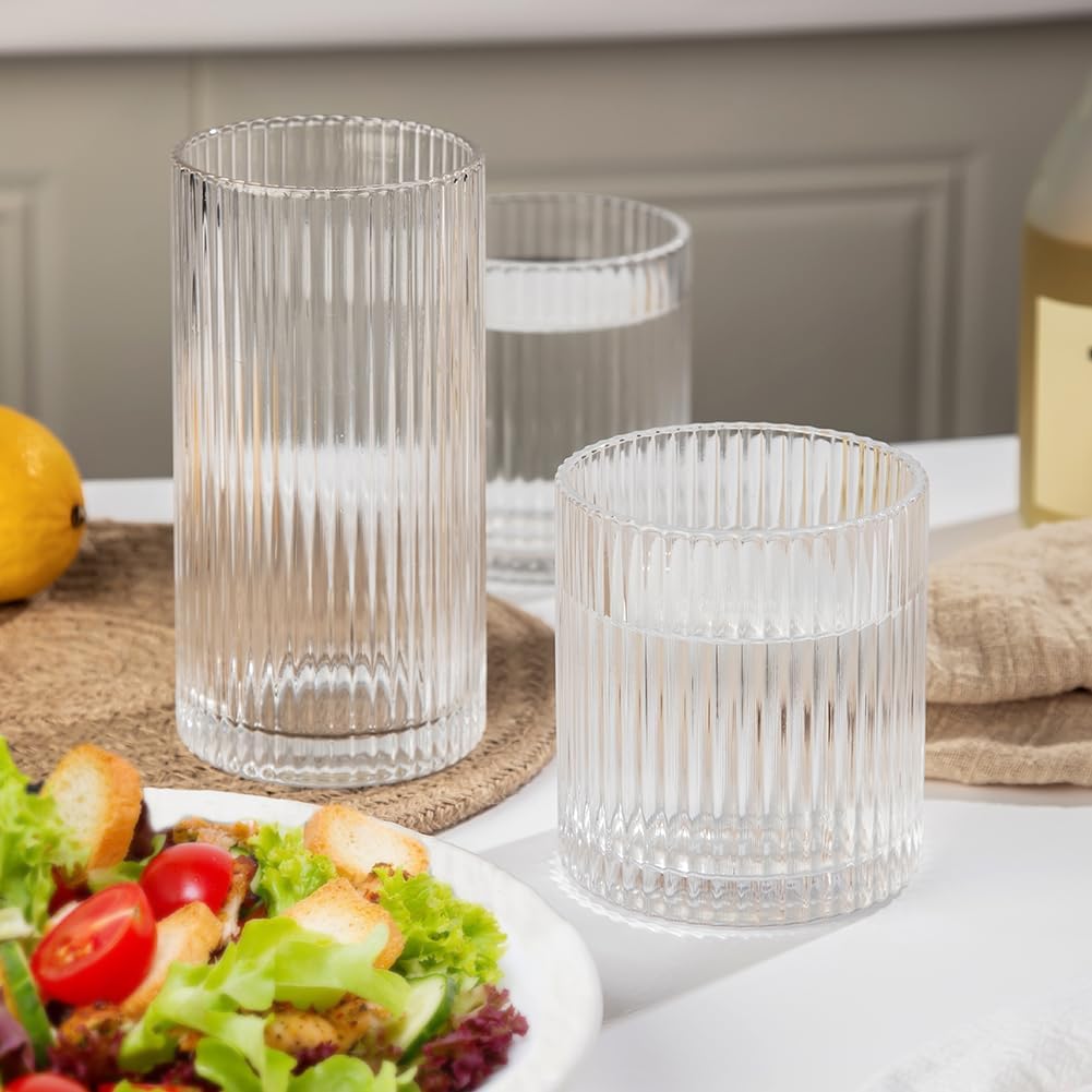 Ribbed Drinking Glasses 8pcs  12oz and 10oz Glassware  Tumbler Glasses Cup Set for Wedding  Party  Christmas Gift  Clear