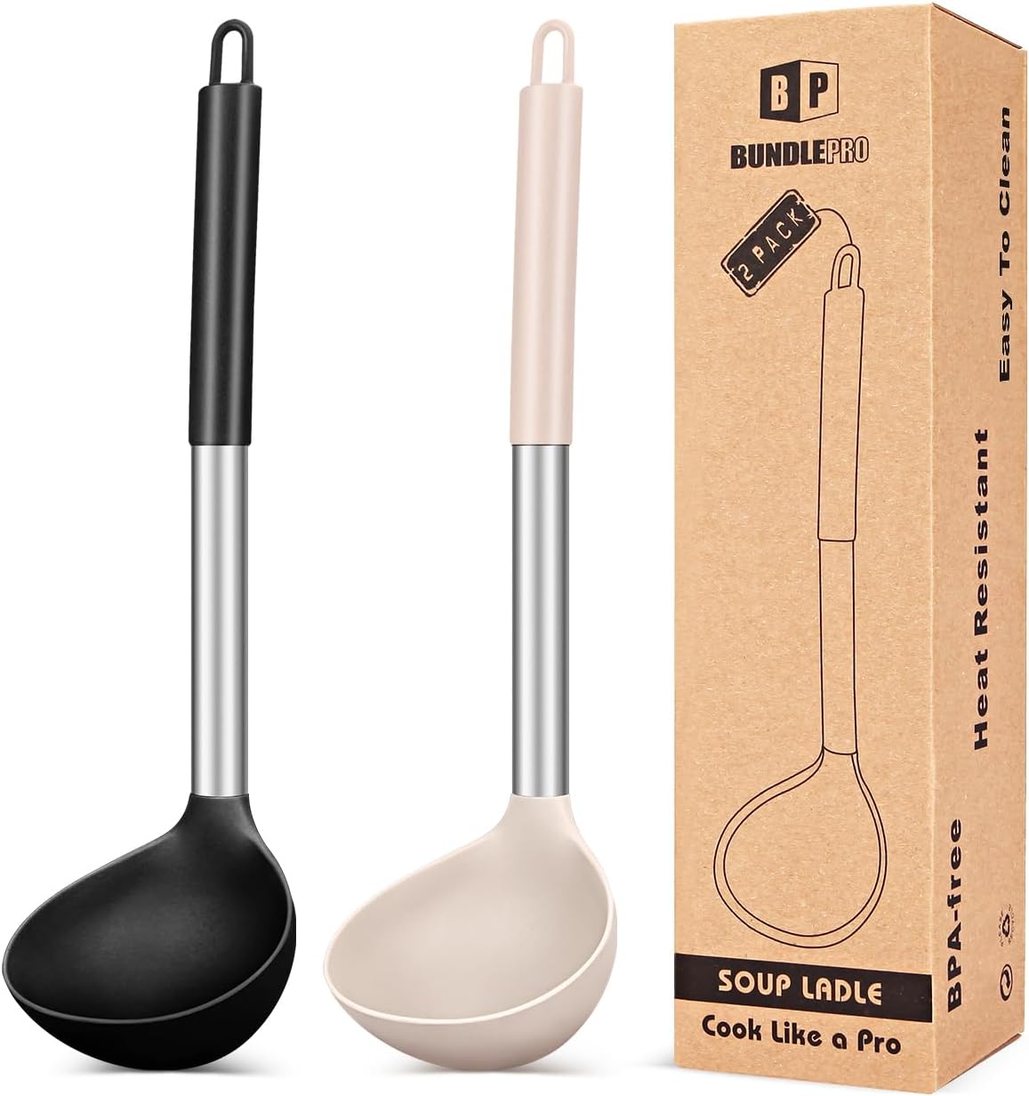 Pack of 2 Ladle Spoon Silicone Large Spoon for Soup Non Stick Kitchen Utensils with High Heat Resistant BPA Free Perfect Kitchen Tools for Cooking  Stirring Serving Soups (BLACK-KHAKI)