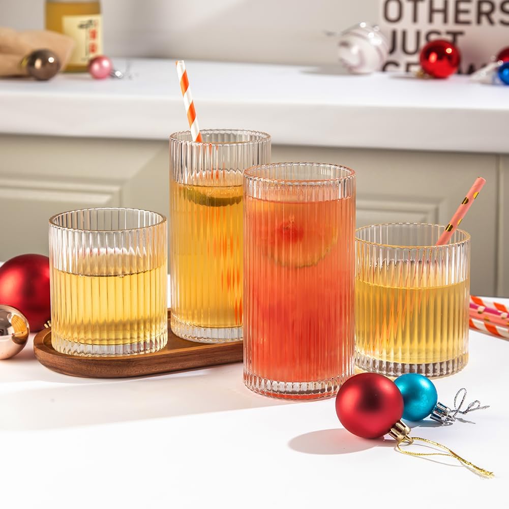 Ribbed Drinking Glasses 8pcs  12oz and 10oz Glassware  Tumbler Glasses Cup Set for Wedding  Party  Christmas Gift  Clear