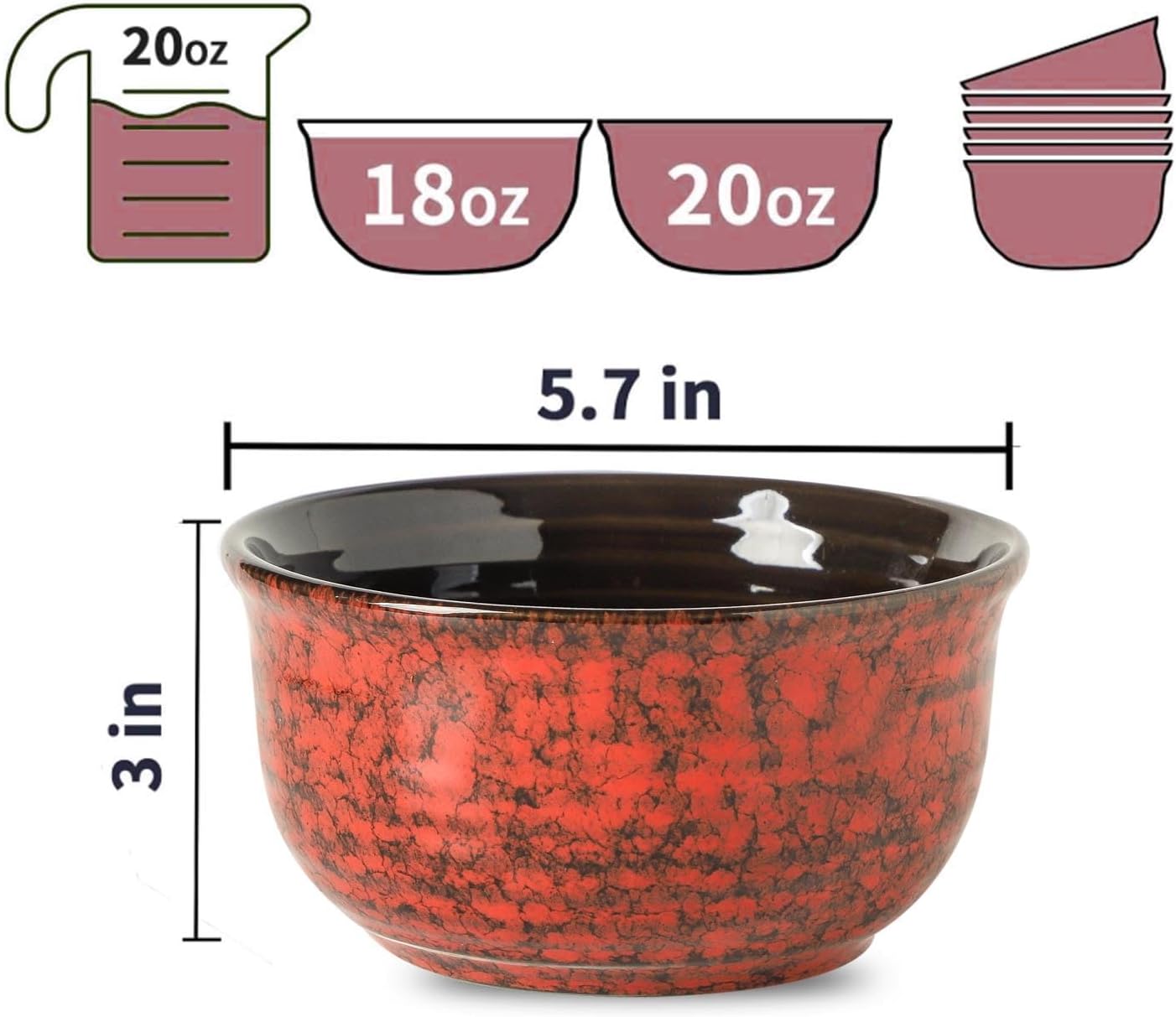 MEKY 20OZ Soup Bowls  Ceramic Cereal Bowls Set of 6  Perfect for Oatmeal Desserts Salads Rice Pasta Breakfast Stackable Serving Bowls for Daily Meals Party Gifting  Microwave & Dishwasher Safe  Red