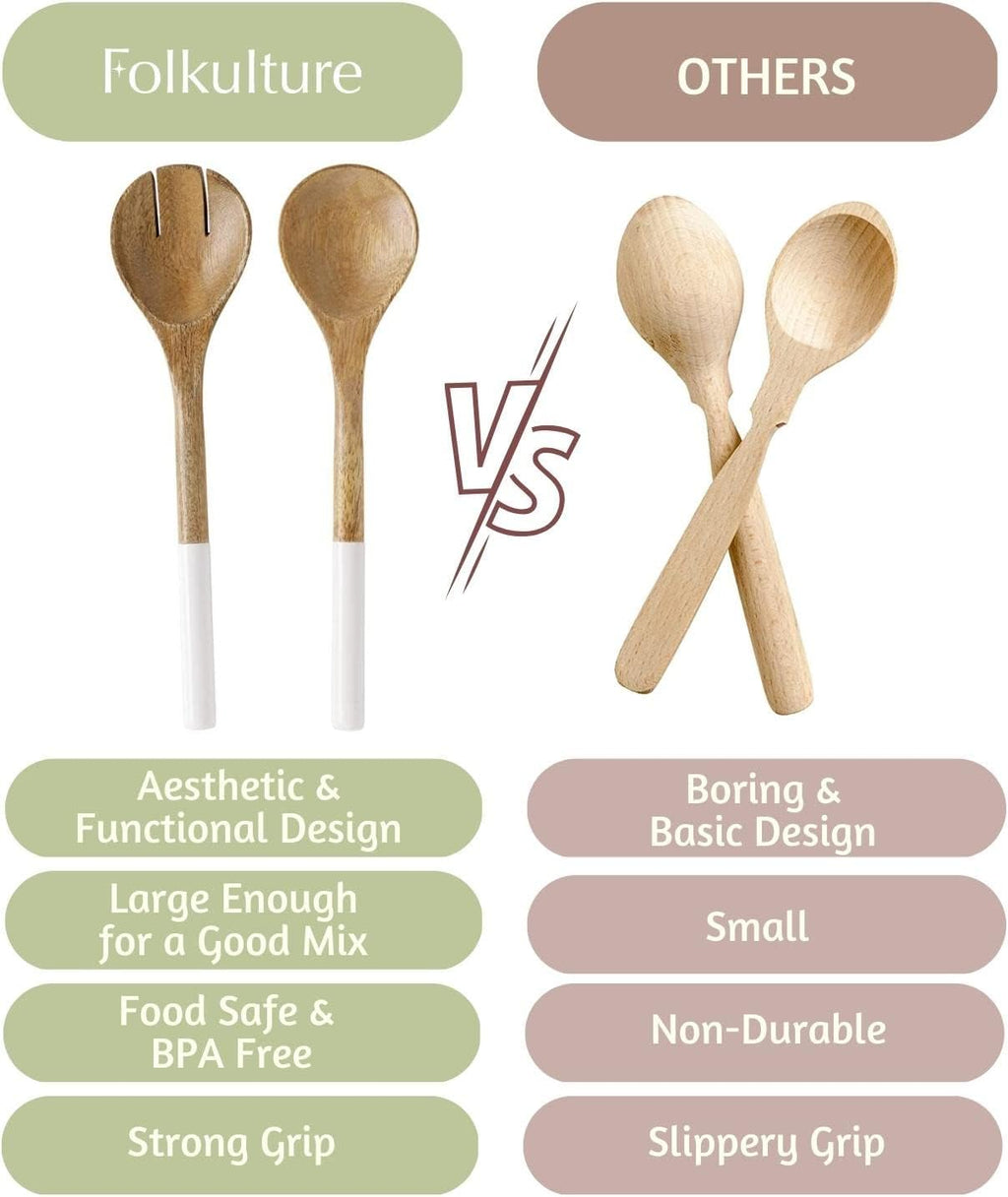 Folkulture Salad Servers or Salad Tongs | Set of 2 (12") Serving Spoons in Kitchen Essentials or Salad Hands Set | Wooden Salad Tongs for Serving | Christmas Gifts for Women Unique