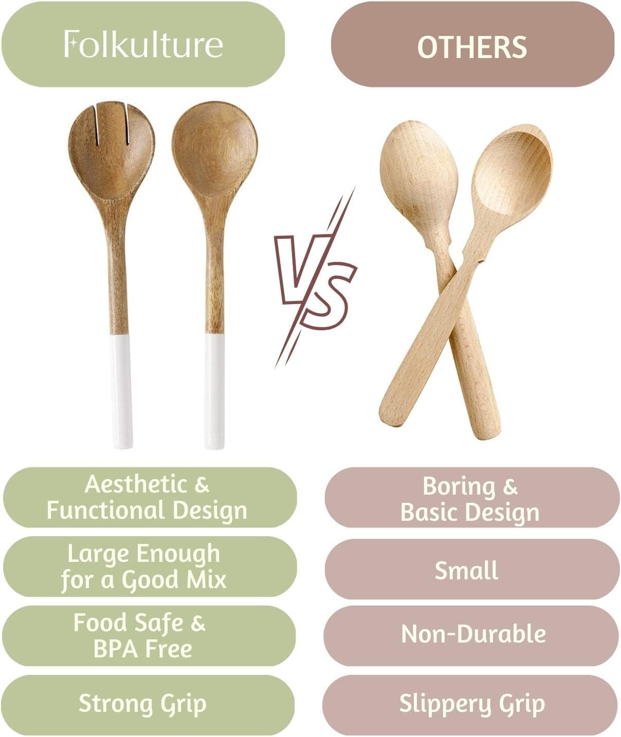Folkulture Salad Servers or Salad Tongs | Set of 2 (12") Serving Spoons in Kitchen Essentials or Salad Hands Set | Wooden Salad Tongs for Serving | Christmas Gifts for Women Unique