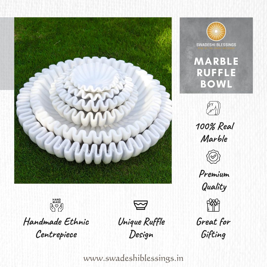 SWADESHI BLESSINGS HandCrafted Marble Ruffle Bowl/Antique Scallop Bowl/Fruit Bowl/Vintage Ring Dish/Decorative Flower Dish/HouseWarming Gift/Wedding Gifts/Urli (9 Inches)