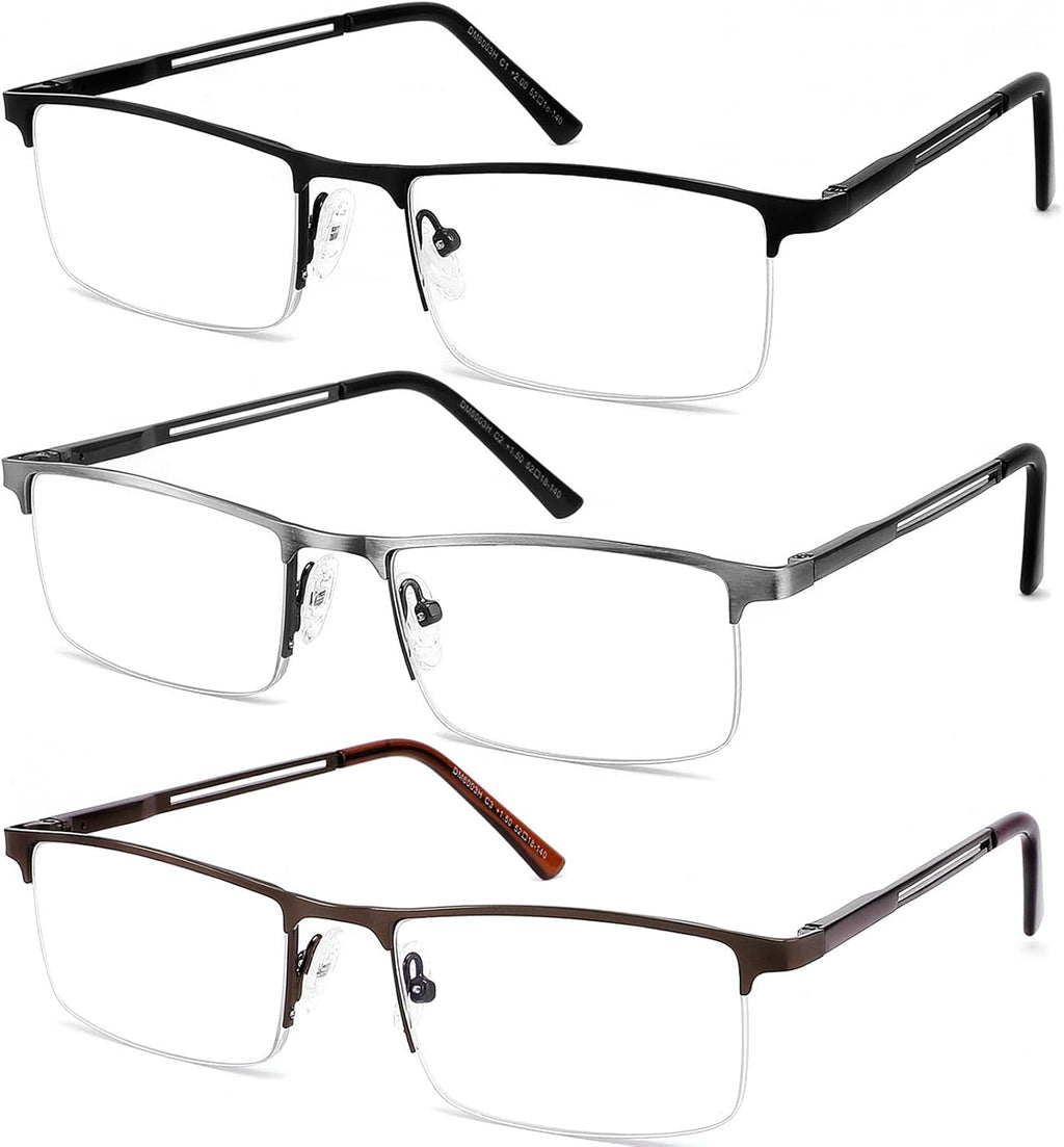 JJWELL 3 Pack Blue Light Reading Glasses for Men  Lightweight Metal Rectangle Semi Rimless Readers for Men  Anti Eyestrain/Computer Glare/UV  Half Frame Spring Hinge Eyeglasses with Pouches
