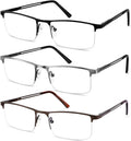 JJWELL 3 Pack Blue Light Reading Glasses for Men  Lightweight Metal Rectangle Semi Rimless Readers for Men  Anti Eyestrain/Computer Glare/UV  Half Frame Spring Hinge Eyeglasses with Pouches