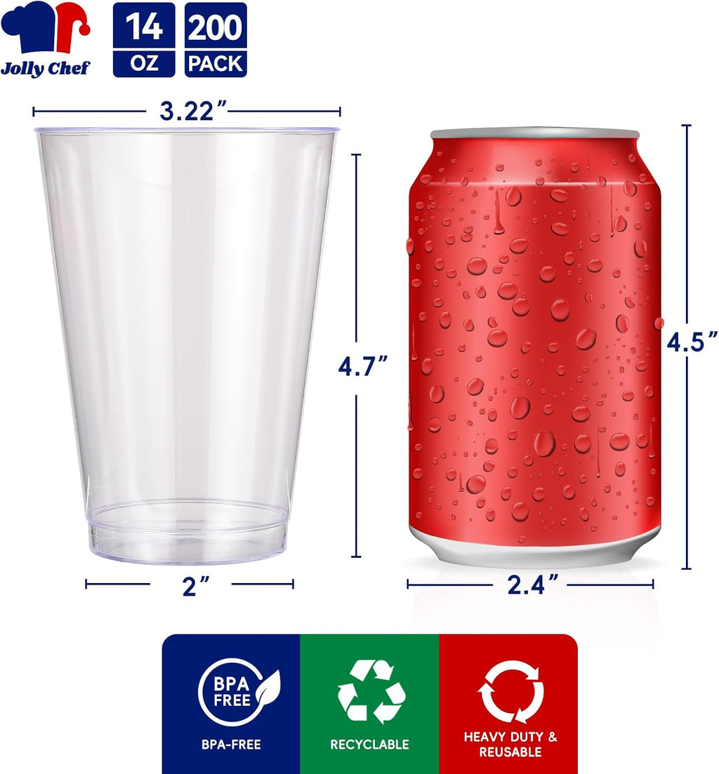 JOLLY CHEF 14 oz Clear Plastic Cups  200 Pack Heavy-duty Party Glasses  Disposable plastic cups for wedding Cocktails Tumblers  Ideal for Wedding & Party