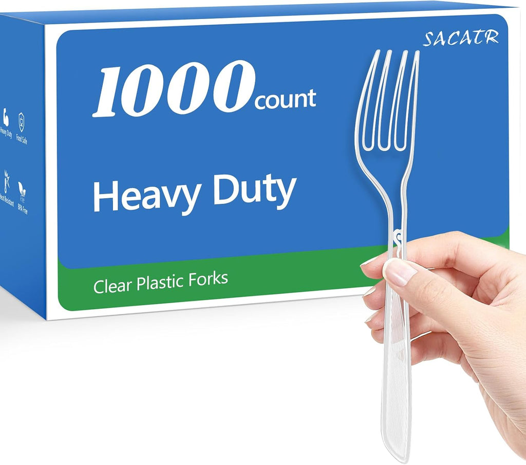 SACATR 1000 Count Heavy Duty Clear Plastic Forks BPA-Free Heat Resistant Disposable Plastic Forks Bulk  Solid Durable Premium Cutlery for Parties  Events and Everyday Use