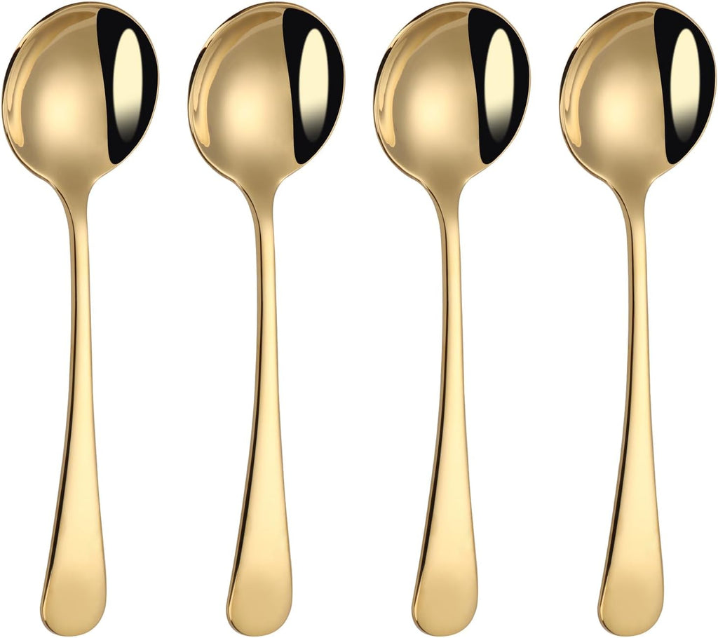 7" Round Soup Spoons Set of 4 18/10 Stainless Steel Heavy Duty with Deep Bowl Fine Mirror Polished Dishwasher Safe(Gold)