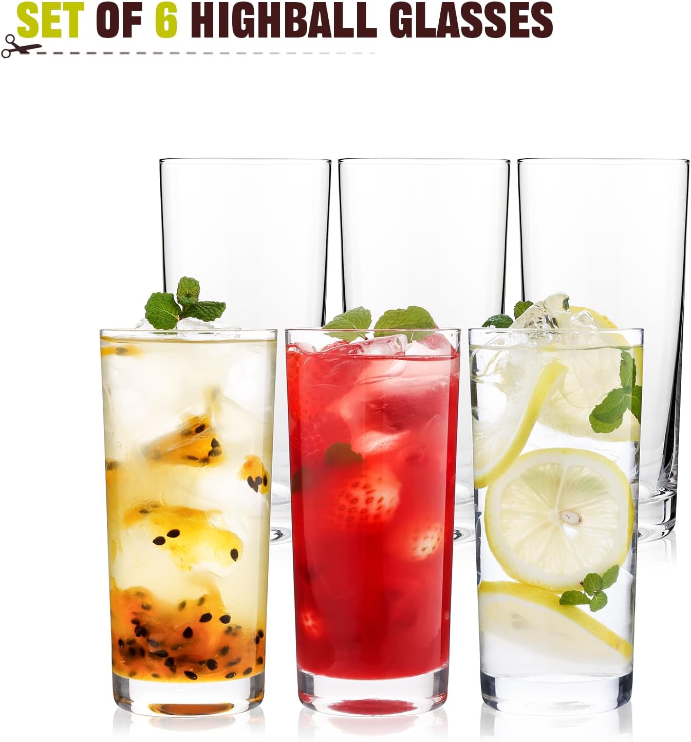 Highball Glasses Set of 6  16oz Tall Drinking Glasses  Water Glass for Kitchen  Tom Collins Glasses  Mojito Glass Cups  Cocktail Glasses for Bar Glassware