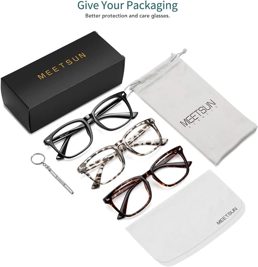 MEETSUN Blue Light Blocking Glasses  Anti Eye Strain Headache (Sleep Better) Computer Reading Glasses UV400 Transparent Lens (Black+Leopard+Tortoise  53)