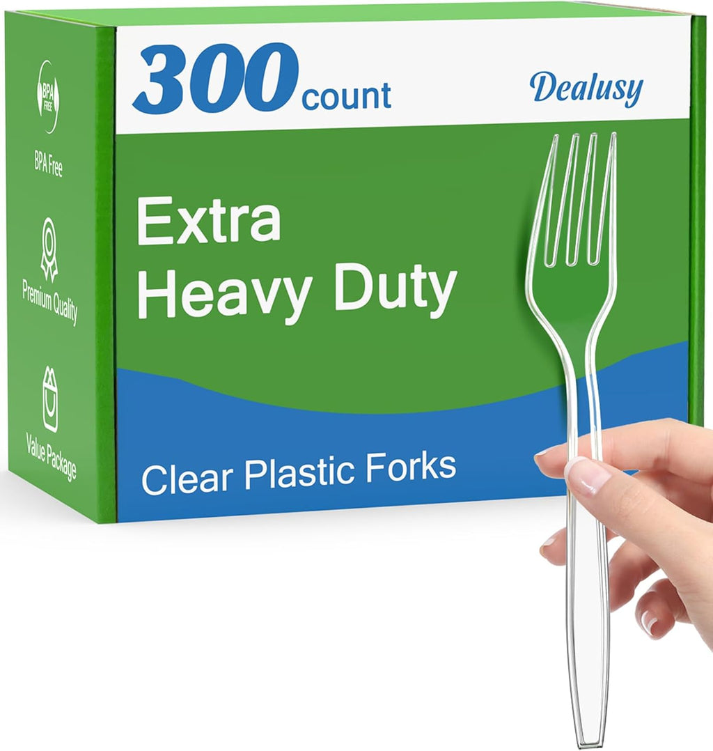 300 Count Extra Heavy Duty Clear Plastic Forks Disposable  BPA-Free  Heat Resistant  Solid and Durable Disposable Forks Bulk  Premium Plastic Forks heavy duty for Party Supply