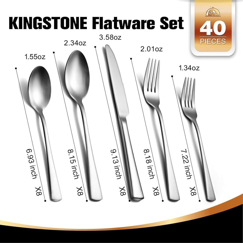 KINGSTONE Silverware Set for 8  40-Piece Forged 18/10 Stainless Steel Flatware Set  Mirror Finish Cutlery Set Dishwasher Safe for Home  Restaurant  Wedding  Party