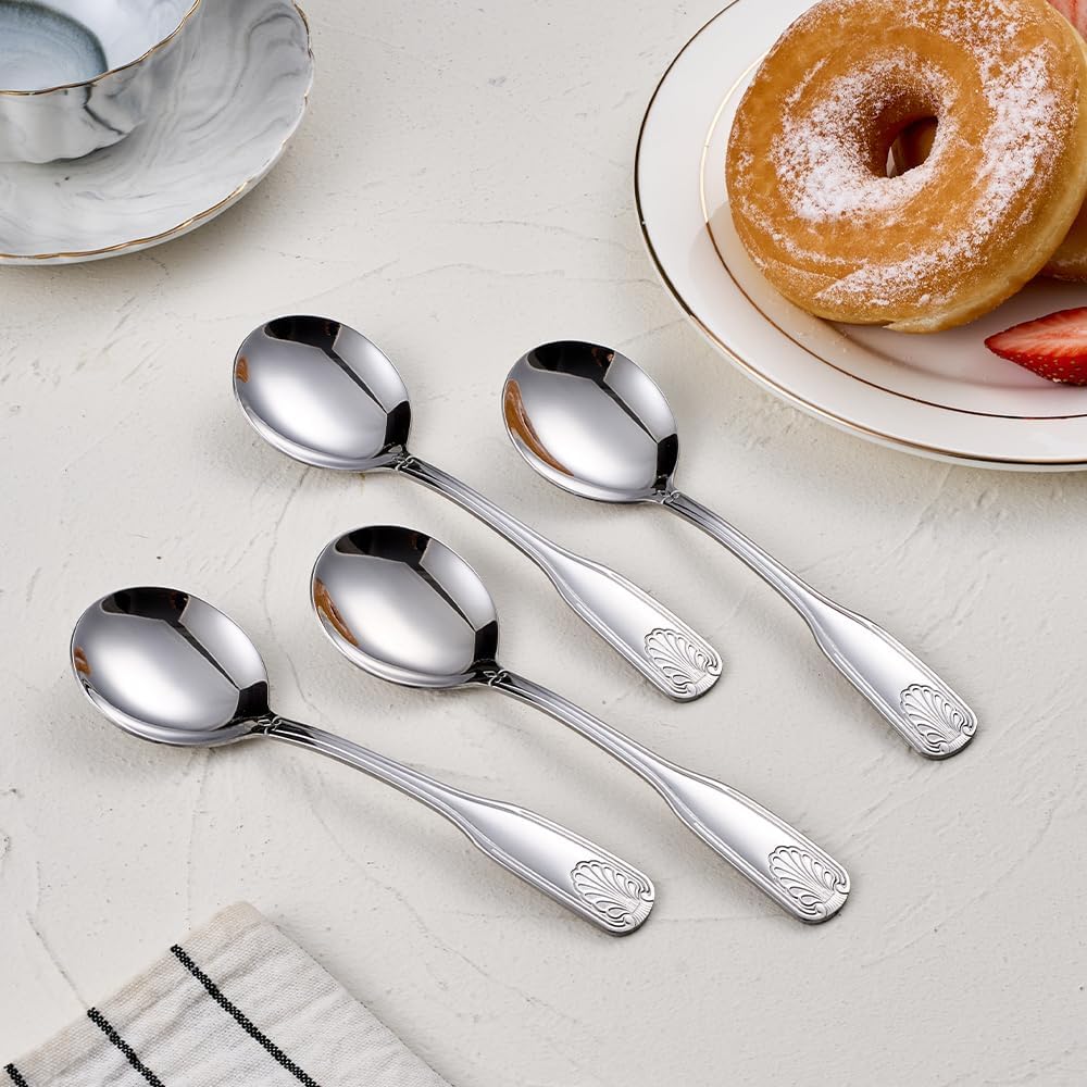 12-Piece Soup Spoon Set  6.4-Inch Stainless Steel Round Spoons Dessert Spoons  Shell Pattern Teaspoons  Mirror Polished spoons silverware  Dishwasher Safe