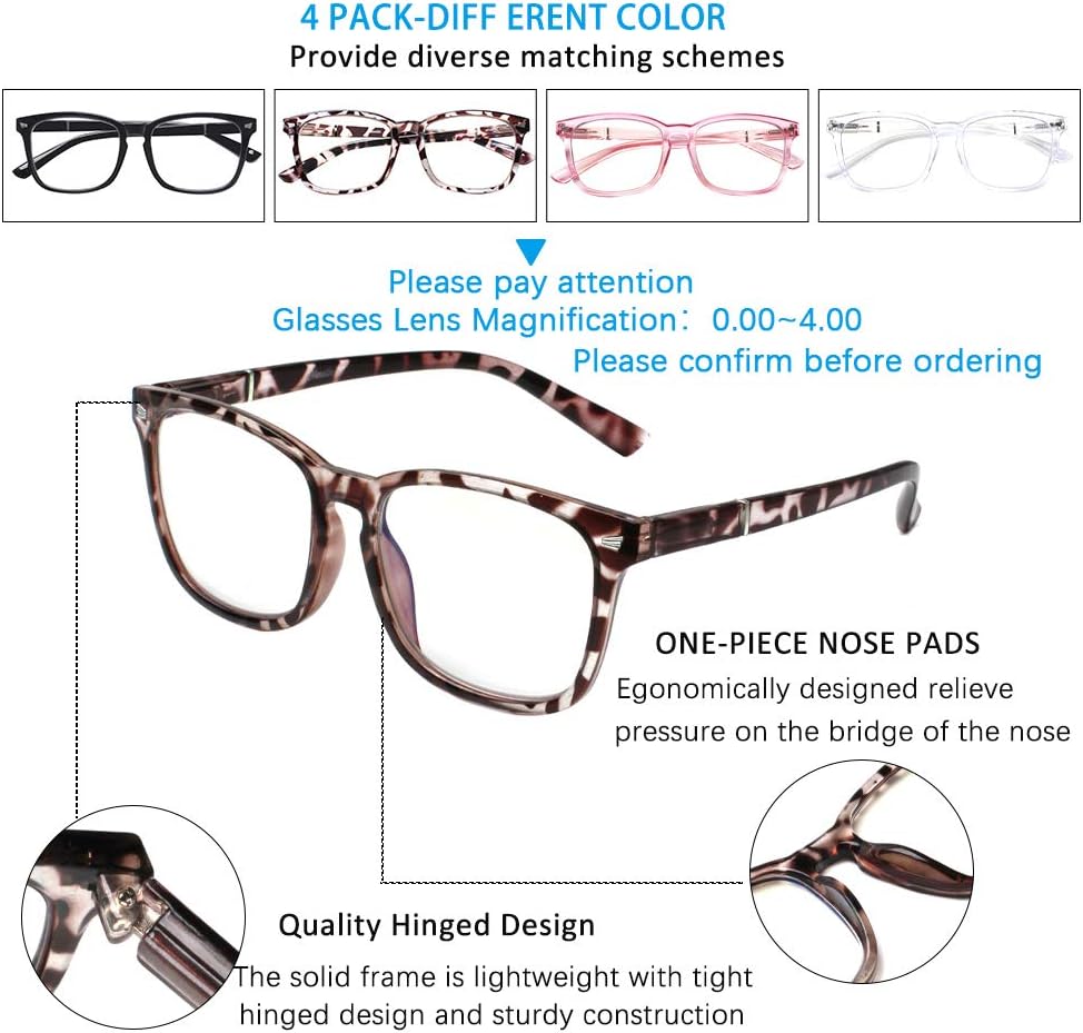 Henotin 4-Pack Blue Light Blocking Reading Glasses Women Men Spring Hinge Computer Readers Anti UV Ray Square Nerd Eyeglasses (Mixed Color  0.00  Diopters)