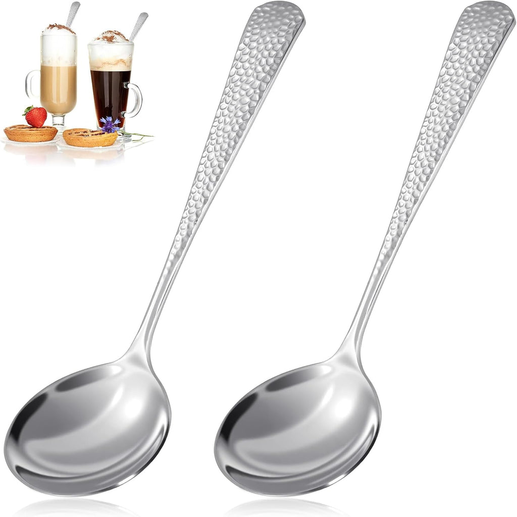 2 Pcs Stainless Steel Soup Spoons Hammered Serving Spoons Set Mirror-Polished Metal Spoon Ideal for Coffee  Tea  Beverages  Dishwasher Safe (6.3 Inch Soup Spoon)