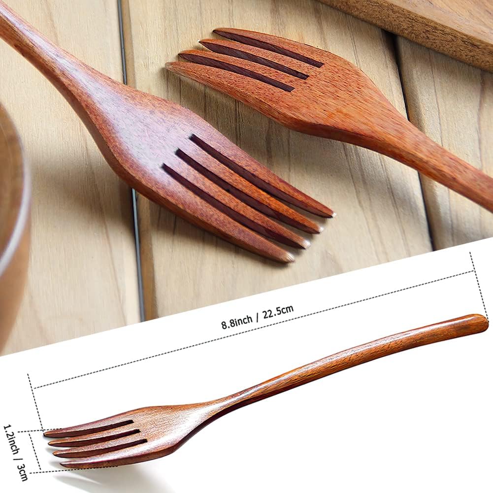 Forks Wooden Forks  AOOSY 6 Pieces Eco-friendly Japanese Wood Salad Dinner Forks Wooden Forks Set Reusable Handmade Natural Wood Flatware Set for Cooking Stirring Eating