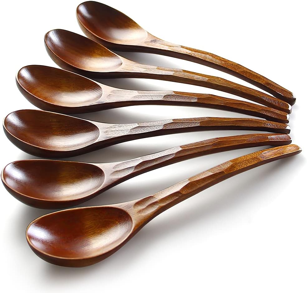 Soup Spoons AOOSY Wooden Soup Spoons  6 Pieces 7.84 inches Japanese Ramen Spoon Round Nanmu Wood Long Handle Rice Dessert Cooking Tasting Dinner Table Spoon for Kitchen Restaurant