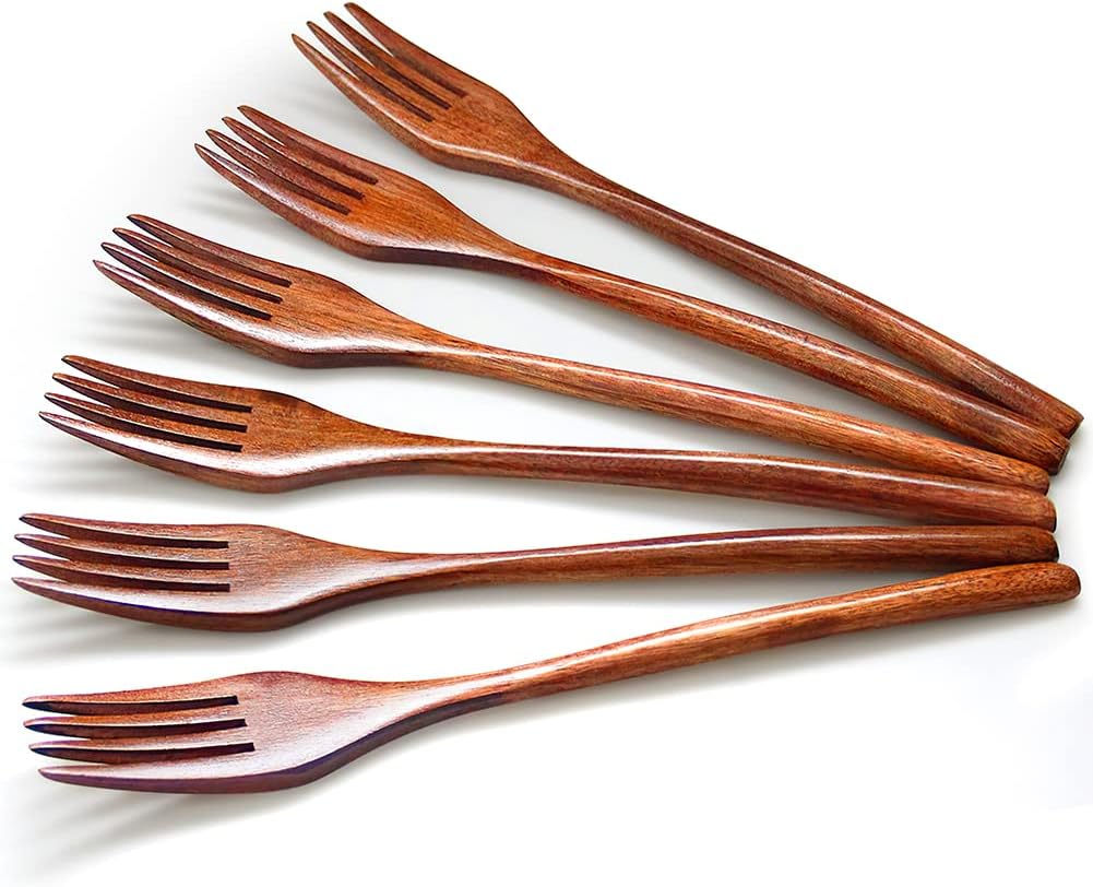 Forks Wooden Forks  AOOSY 6 Pieces Eco-friendly Japanese Wood Salad Dinner Forks Wooden Forks Set Reusable Handmade Natural Wood Flatware Set for Cooking Stirring Eating
