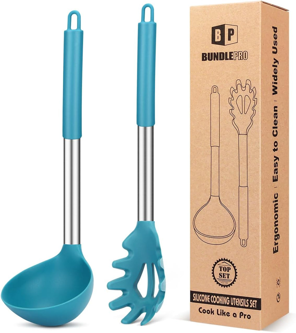 Silicone Pasta Fork and Ladle Spoon Set  Large Non Stick Kitchen Utensils for Cooking Stirring Serving Spaghetti  Soup  Sauce (BLUE)