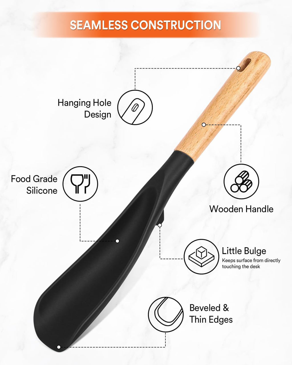 Cooking Spoon and Rice Scooper for Nonstick Cookwares  Great for Cooking and Serving Sturdy BPA-Free Matte Silicone  Wood Handle Spoon for Mixing  Scoop  and Scrape (Black)