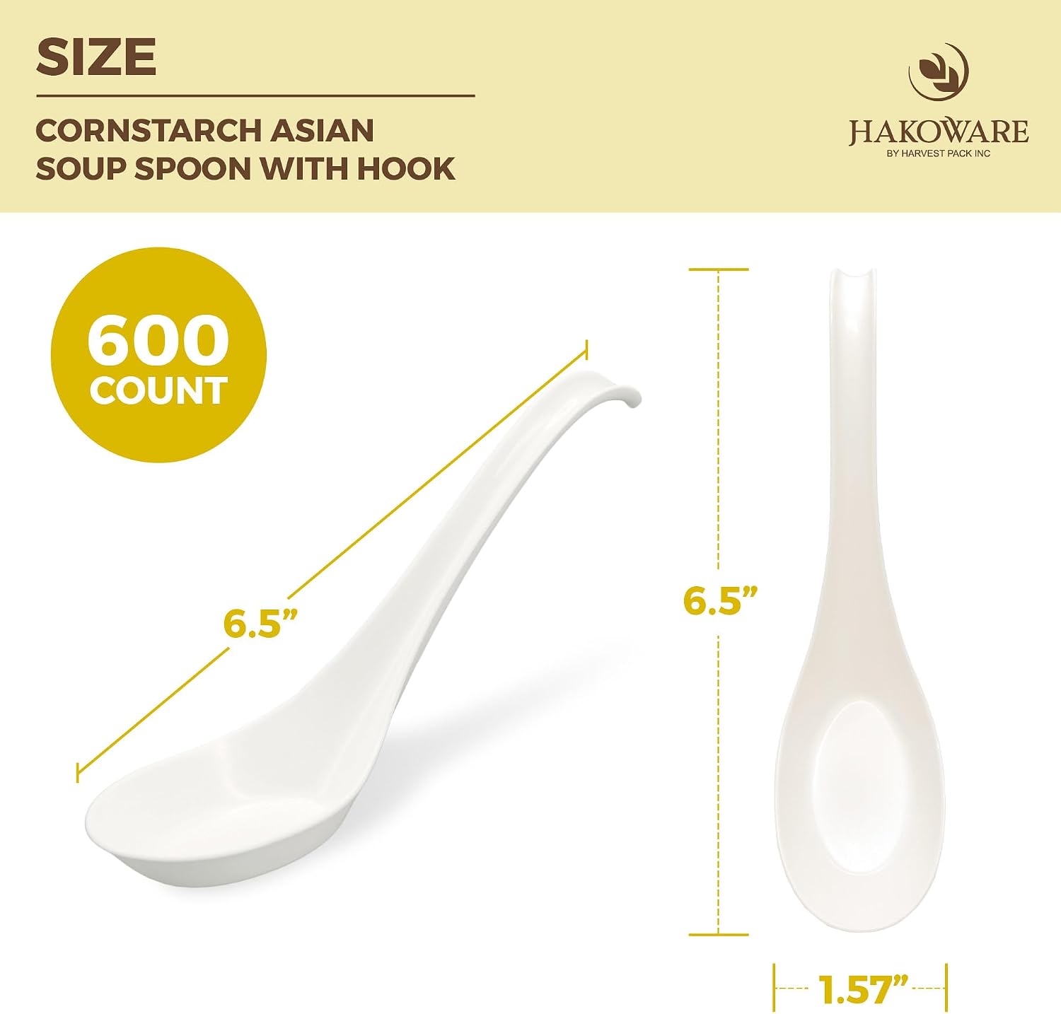 [600 COUNT] HAKOWARE Disposable Asian Soup Spoons with Hook  Plastic-Free Heavy Duty Spoons  made from Crystalized Cornstarch  for Take-out Ramen Pho Noodles