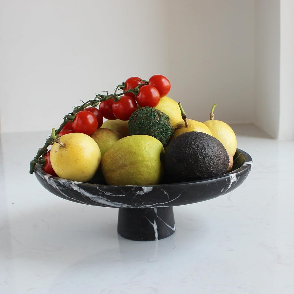 Natural Black Marble Fruit Bowl for Kitchen Counter 10.2"  Large Decorative Bowl Pedestal for Home Decor  Fruits Holder For Dining Table - Kitchen Organization
