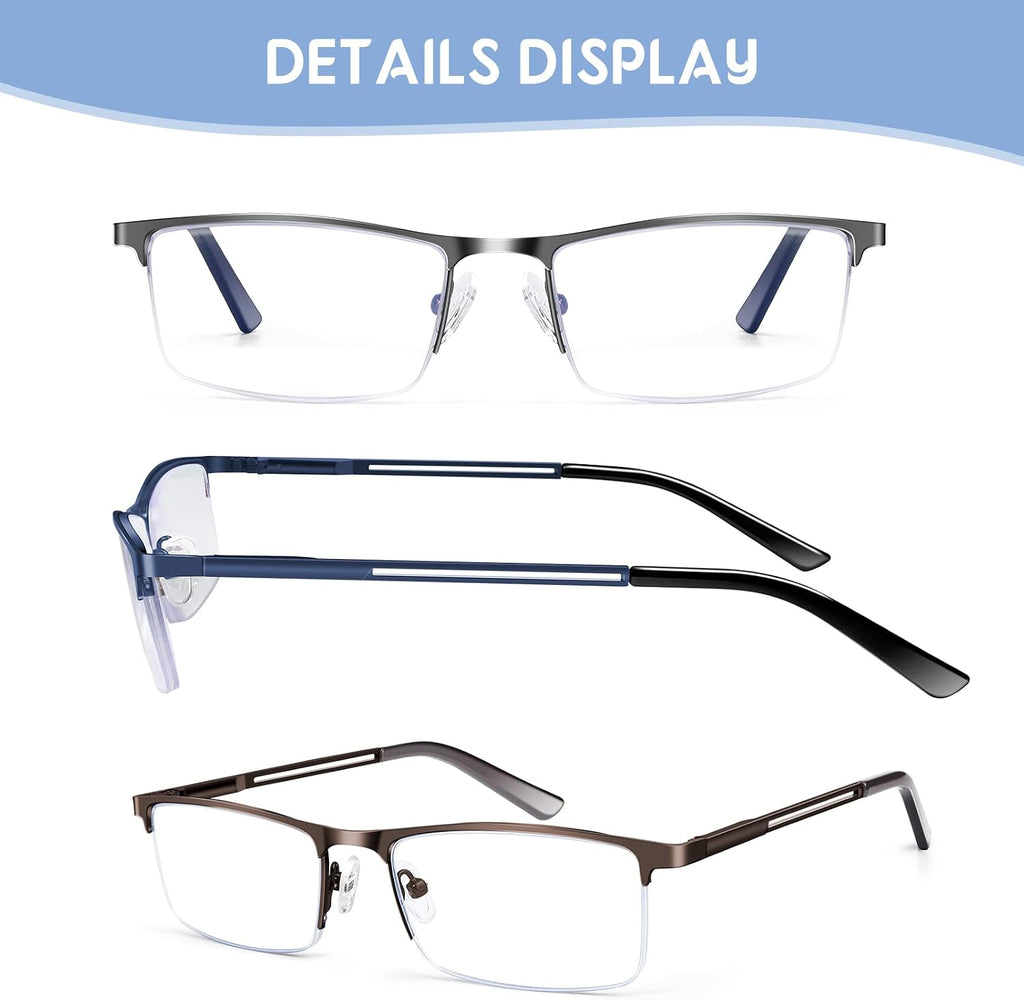 Blue Light Blocking Reading Glasses for Men  Half Frame Metal Readers Spring Hinge Eyeglasses Anti Eyestrain/Glare/UV
