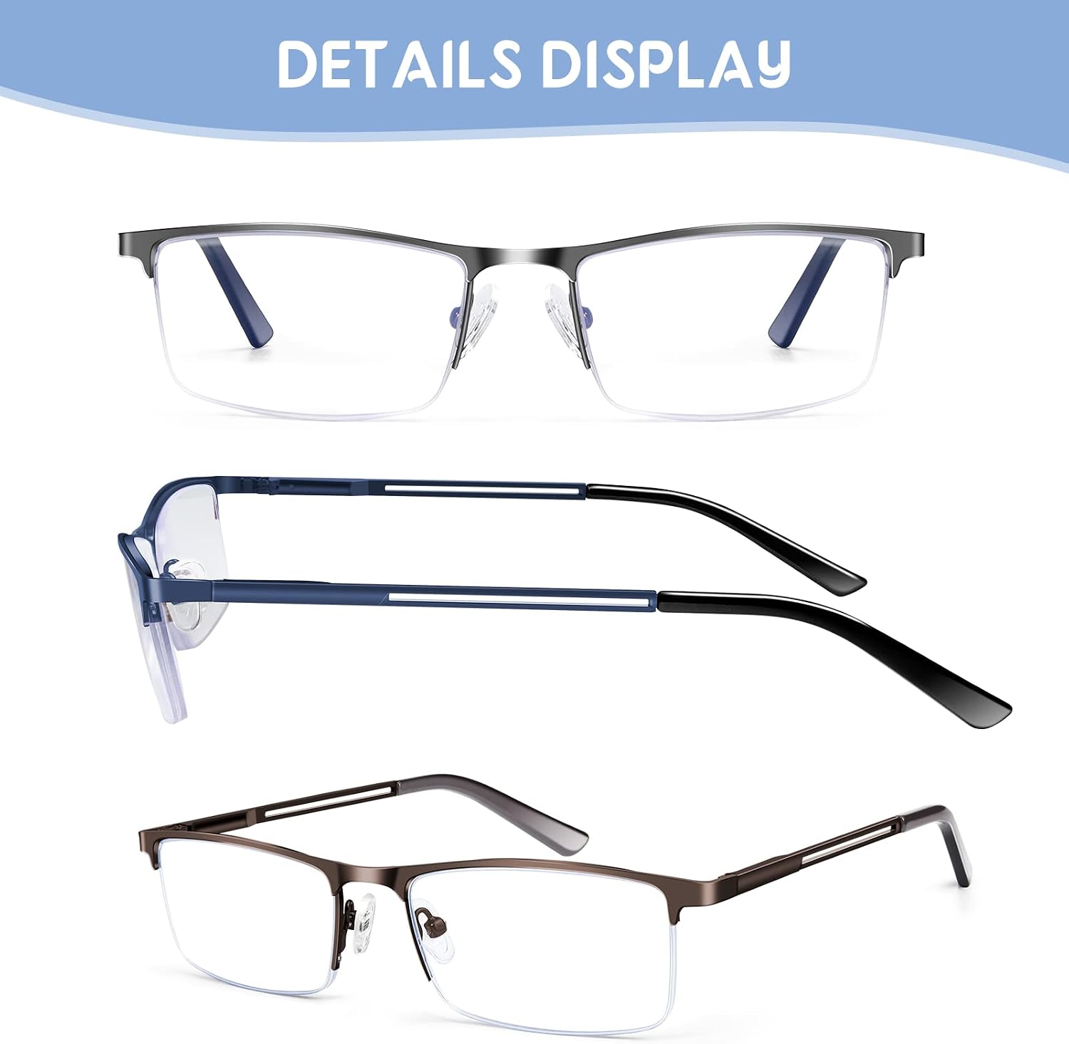 Blue Light Blocking Reading Glasses for Men  Half Frame Metal Readers Spring Hinge Eyeglasses Anti Eyestrain/Glare/UV